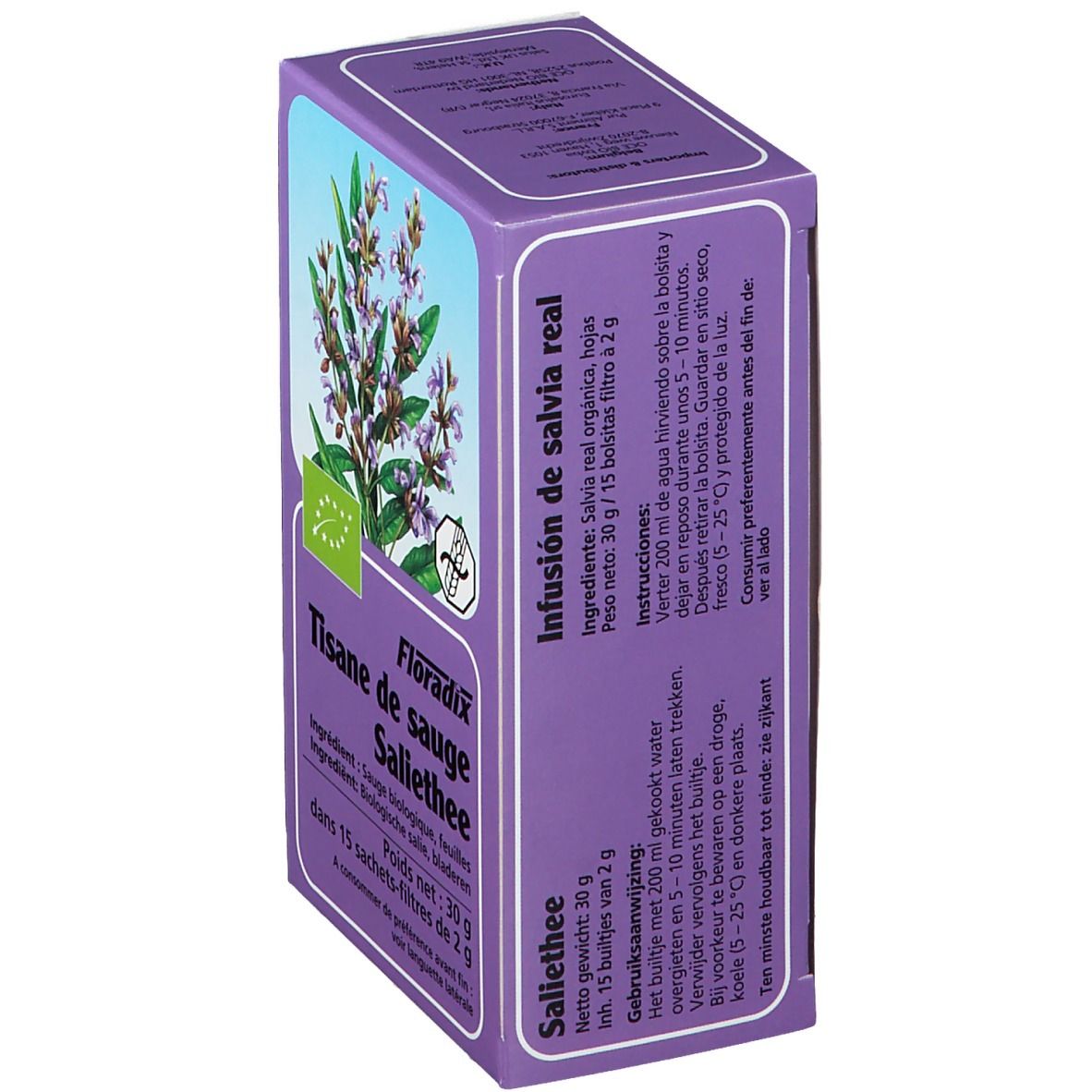 Violette Kartonverpackung mit Kräuterabbildung. Text: Infusión de salvia real, 15 Filterbeutel.