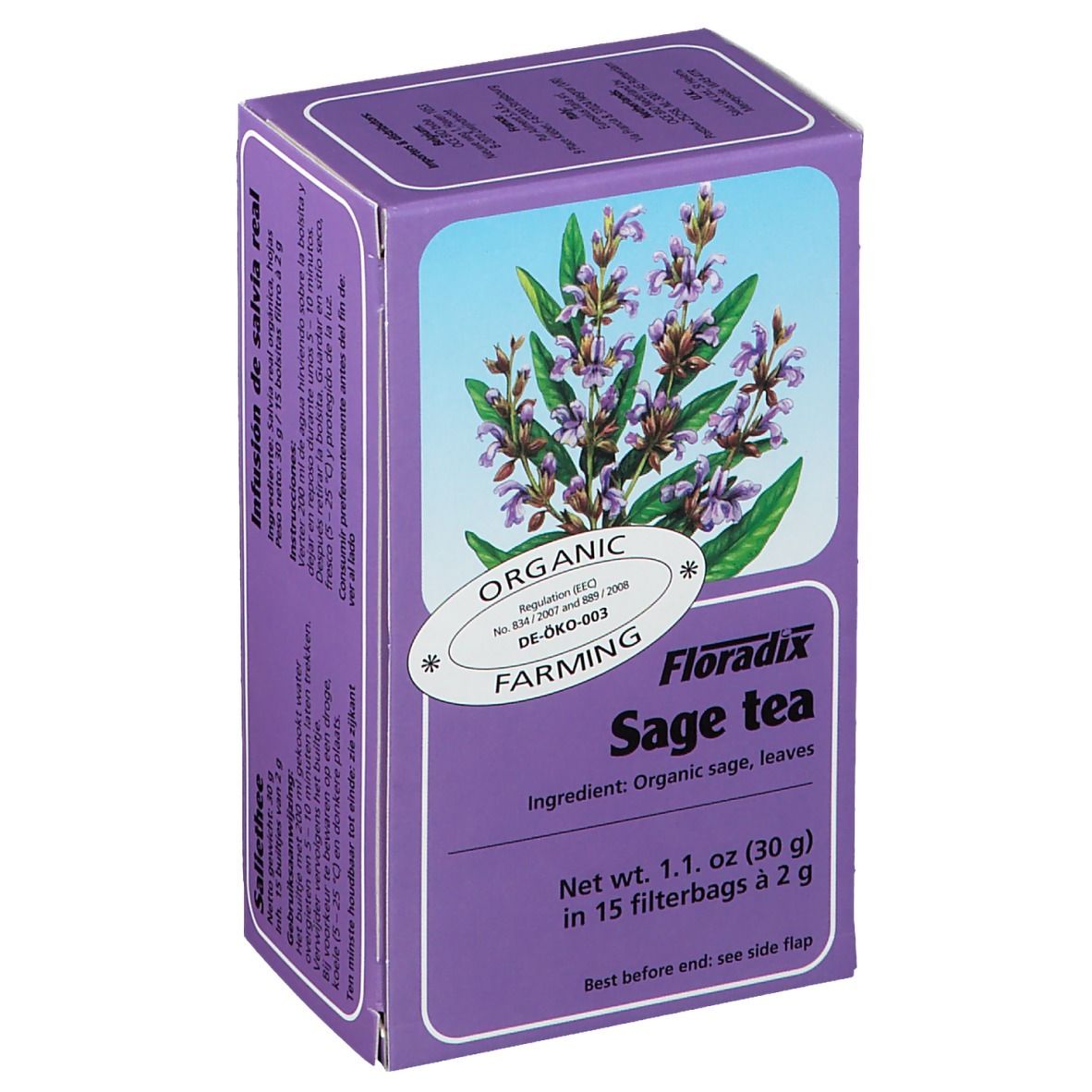 Violette Kartonverpackung mit Kräuterabbildung. Text: Sage tea, 15 Filterbeutel.