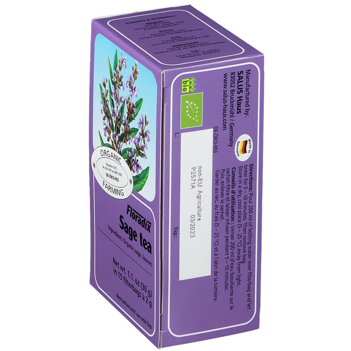 Violette Kartonverpackung mit Kräuterabbildung. Text: Salus Haus, EU-Bio-Logo, Haltbarkeit.