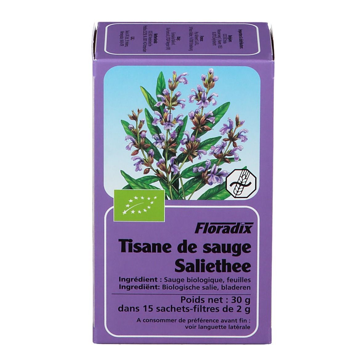 Violette Kartonverpackung mit Kräuterabbildung. Text: Tisane de sauge Saliethee, 15 Filterbeutel.