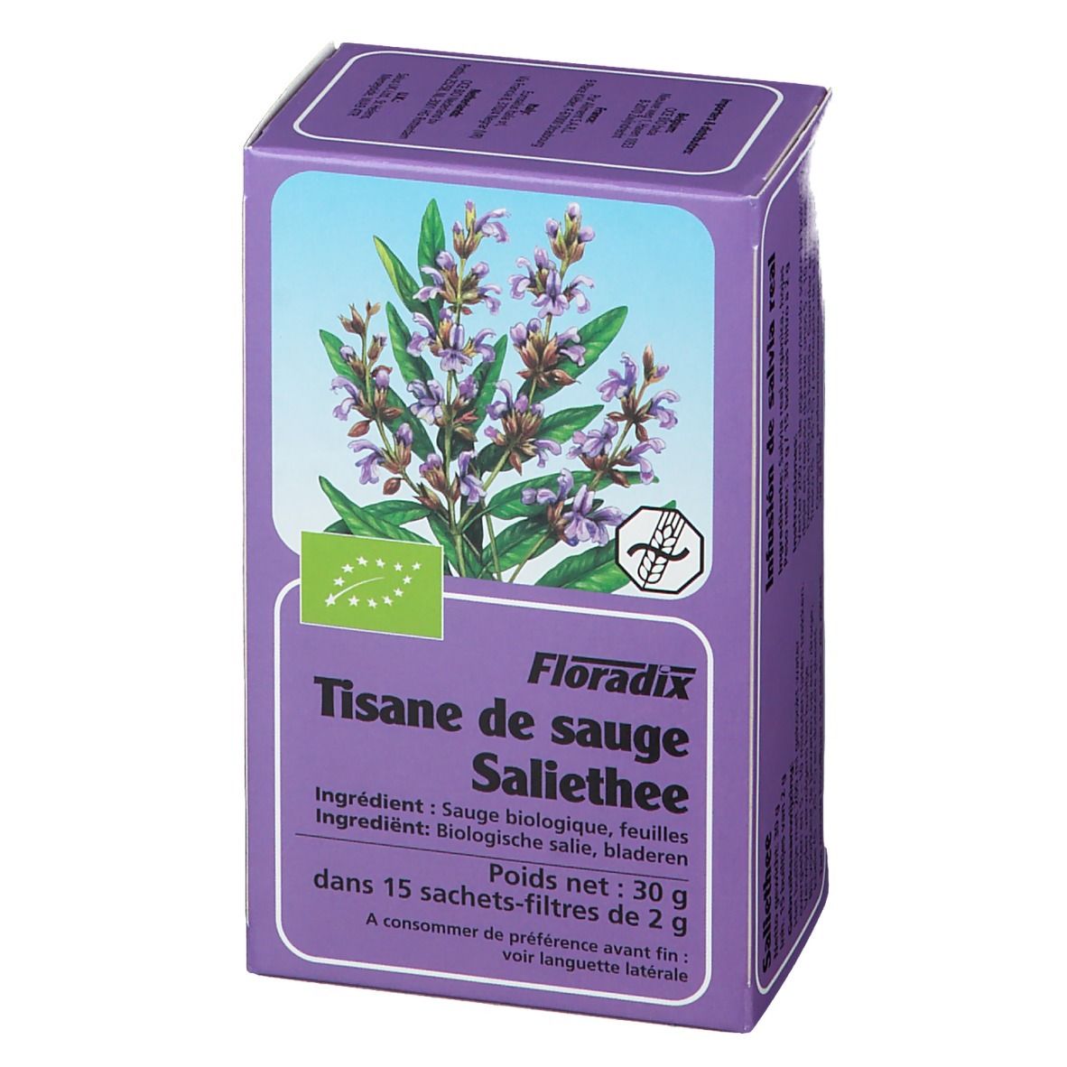 Violette Kartonverpackung mit Kräuterabbildung. Text: Tisane de sauge Saliethee, 15 Filterbeutel.