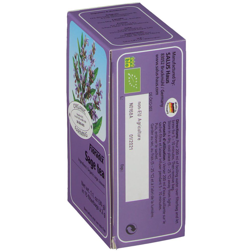 Kartonverpackung, violett, mit Kräuterabbildung. Text: Salus Haus, EU-Bio-Logo, Haltbarkeit.