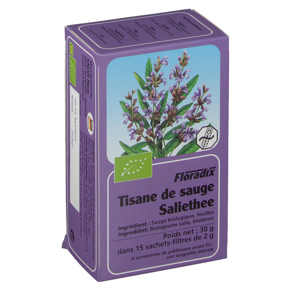 Violette Kartonverpackung mit Kräuterabbildung. Text: Tisane de sauge Saliethee, 15 Filterbeutel.