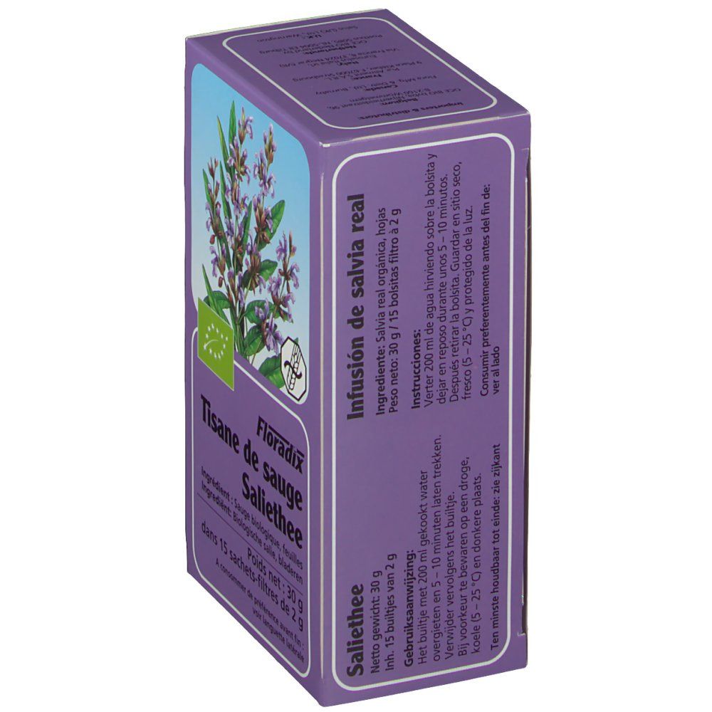 Violette Kartonverpackung mit Kräuterabbildung. Text: Infusión de salvia real, 15 Filterbeutel.