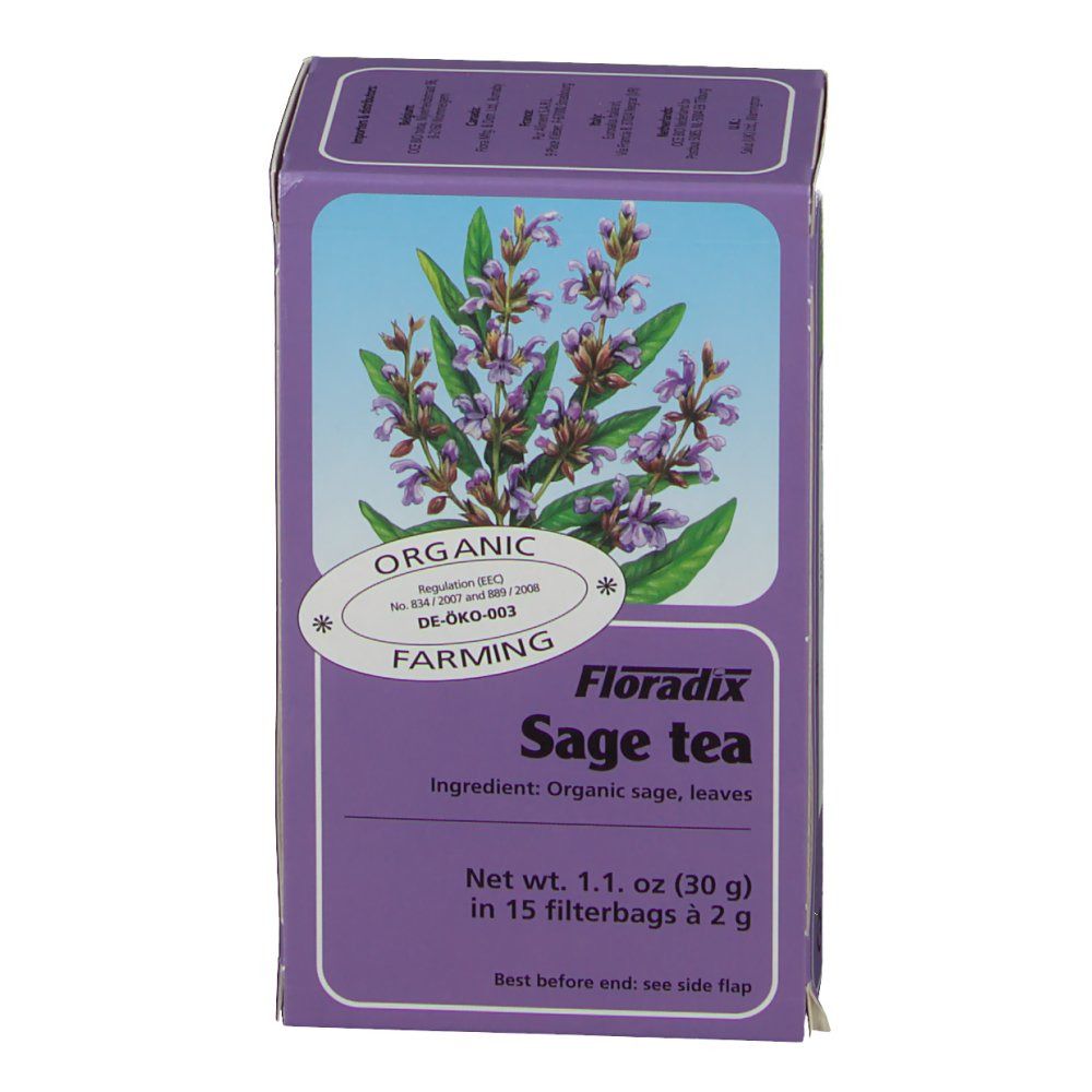 Violette Kartonverpackung mit Kräuterabbildung. Text: Organic Farming, Sage tea, 15 Filterbeutel.