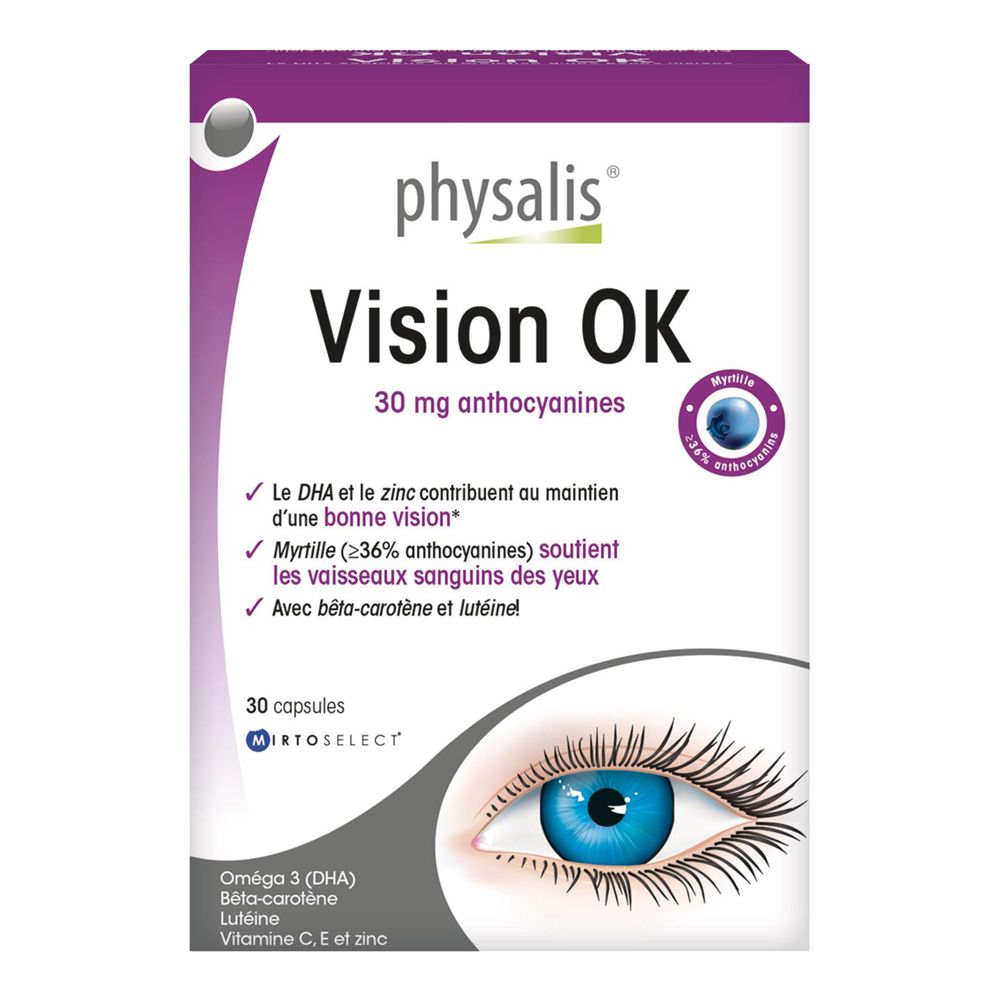 Verpackung von physalis® Vision Ok. Lila-weiße Schachtel mit Produktnamen und Inhaltsangaben. Abbildung eines Auges.