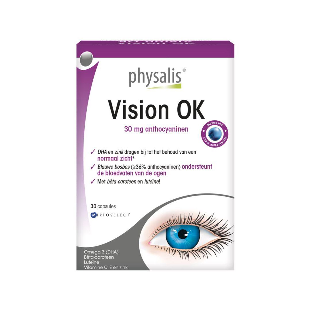 Verpakking van physalis® Vision Ok. Paars-witte doos met productnaam en informatie. Illustratie van een oog.