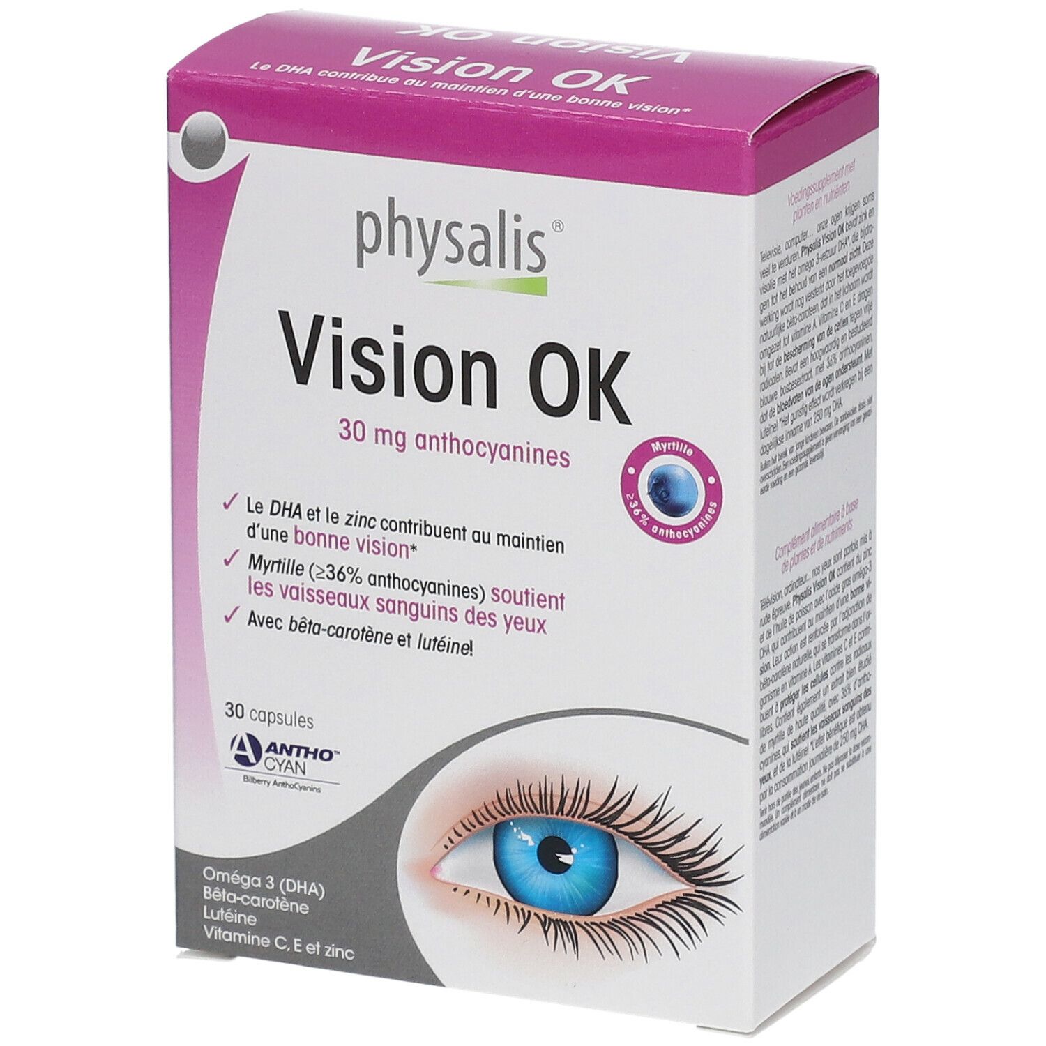 Boîte de physalis® Vision Ok. Emballage blanc et violet avec nom du produit et informations. Illustration d'un œil.