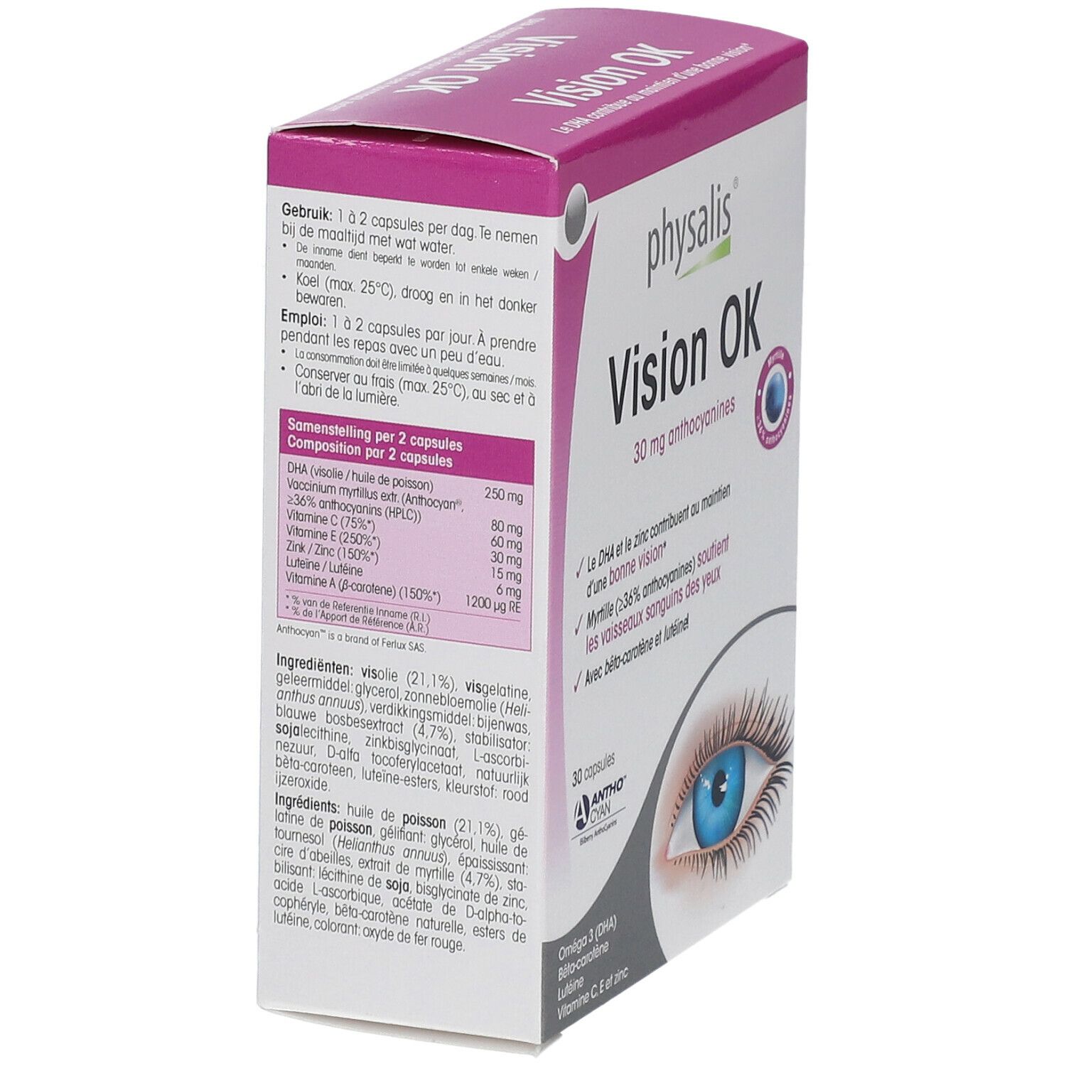 Dos de la boîte de physalis® Vision Ok. Ingrédients et posologie. Emballage blanc et violet avec nom du produit et informations.