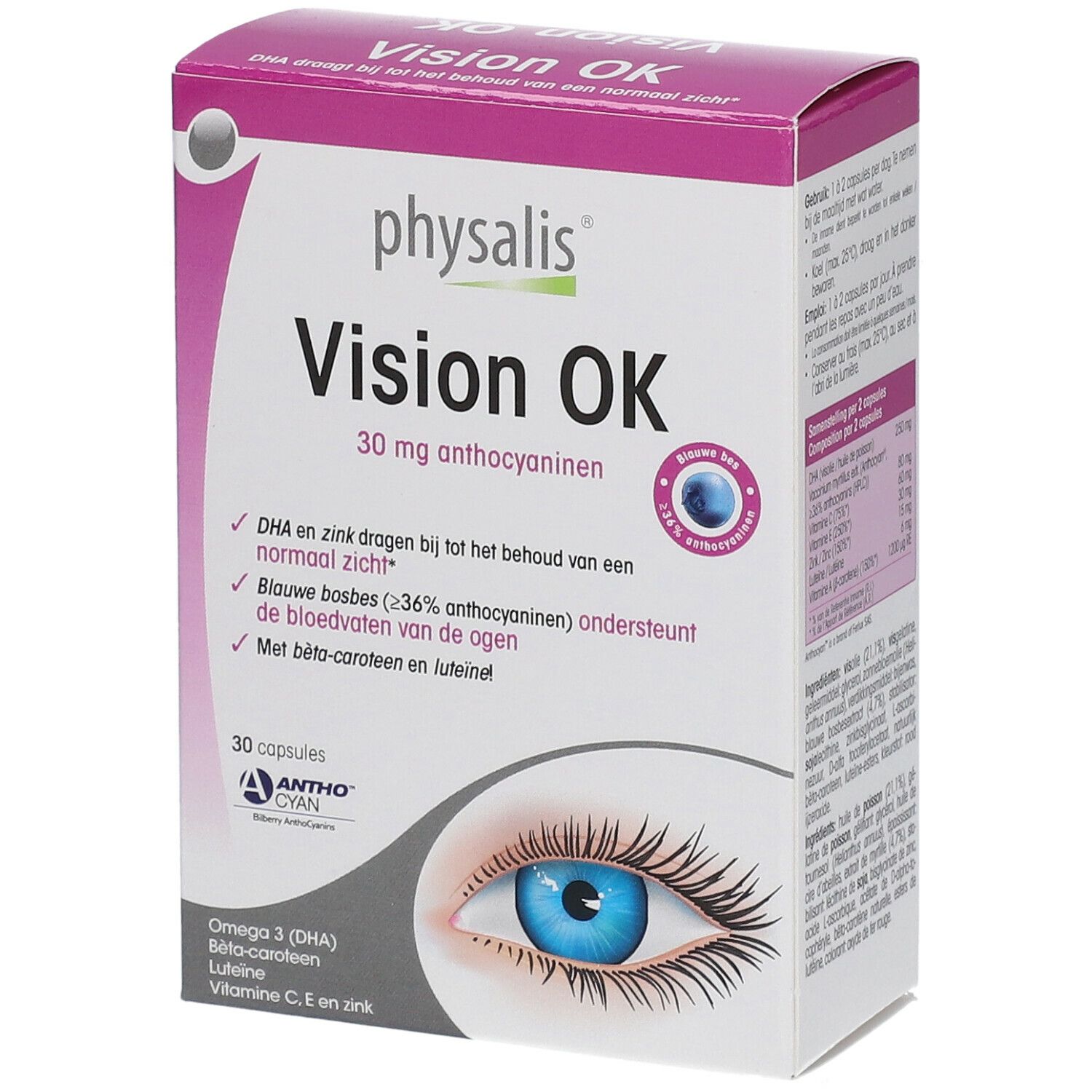 Boîte de physalis® Vision Ok. Emballage blanc et violet avec nom du produit et informations. Illustration d'un œil.