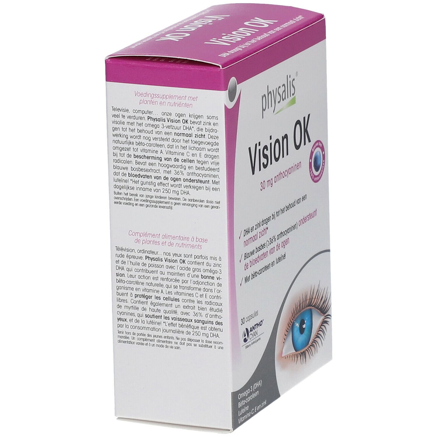 Vue latérale de la boîte de physalis® Vision Ok. Informations sur le produit. Emballage blanc et violet avec nom et informations.