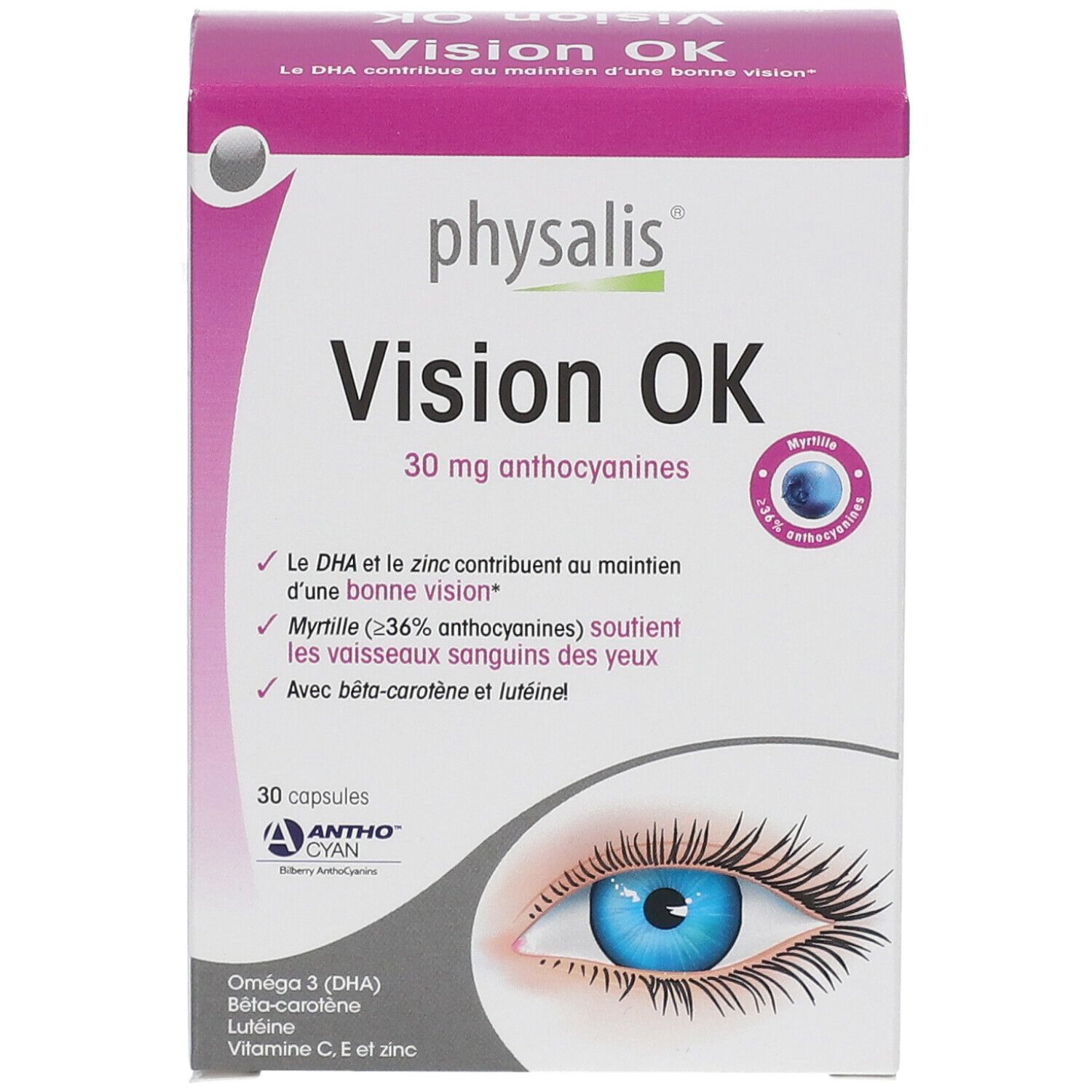 Boîte de physalis® Vision Ok. Emballage blanc et violet avec nom du produit et informations. Illustration d'un œil.