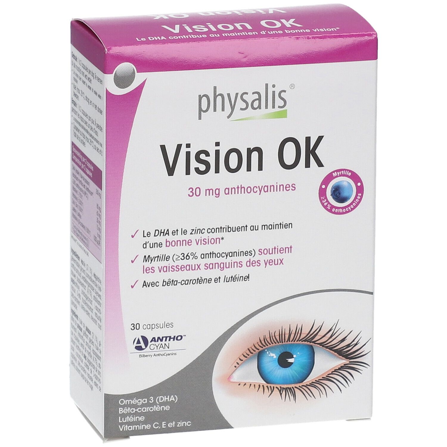 Boîte de physalis® Vision Ok. Emballage blanc et violet avec nom du produit et informations. Illustration d'un œil.