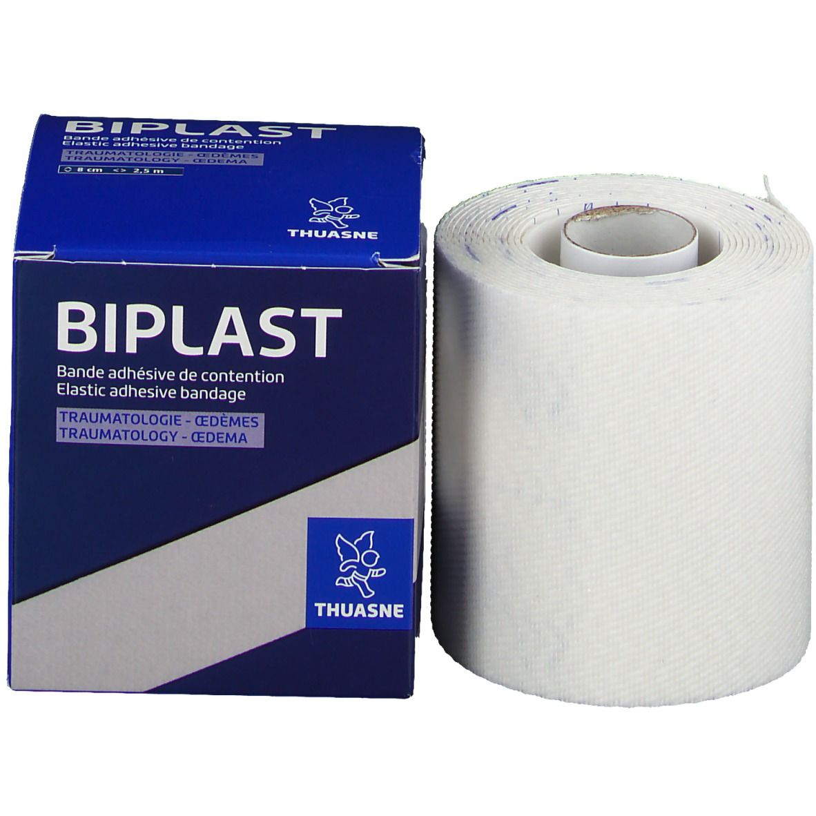 Verbandrolle und Verpackung. Blaue Schachtel mit Produktname BIOPLAST und THUASNE Logo. Text.
