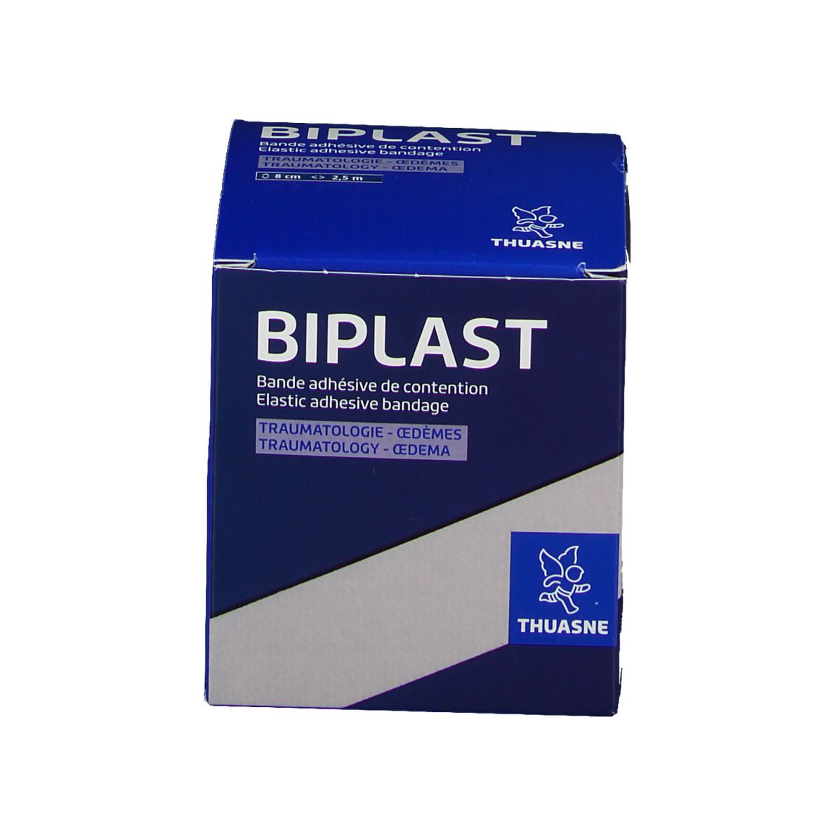 Blaue Verpackung. Produktname BIOPLAST. Text: Bandage, Traumatologie, Ödeme. THUASNE Logo.