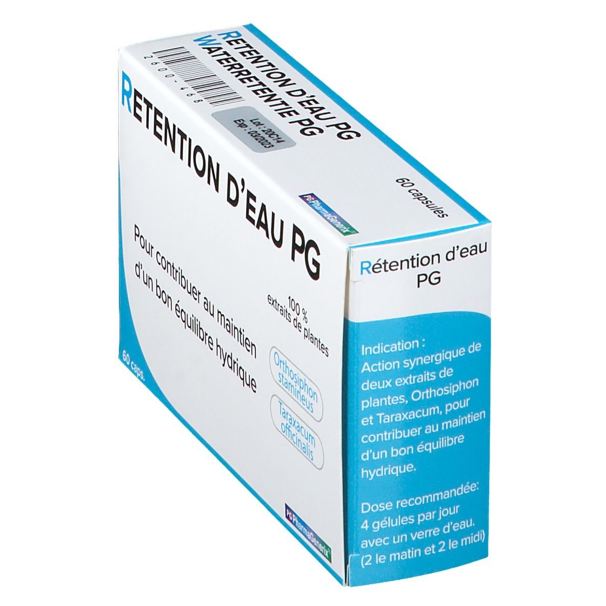 Doosje met capsules. Opschrift: Retention d'Eau PG, 60 capsules, 100% plantenextracten. Bevat Orthosiphon stamineus en Taraxacum officinale. Schuine weergave.