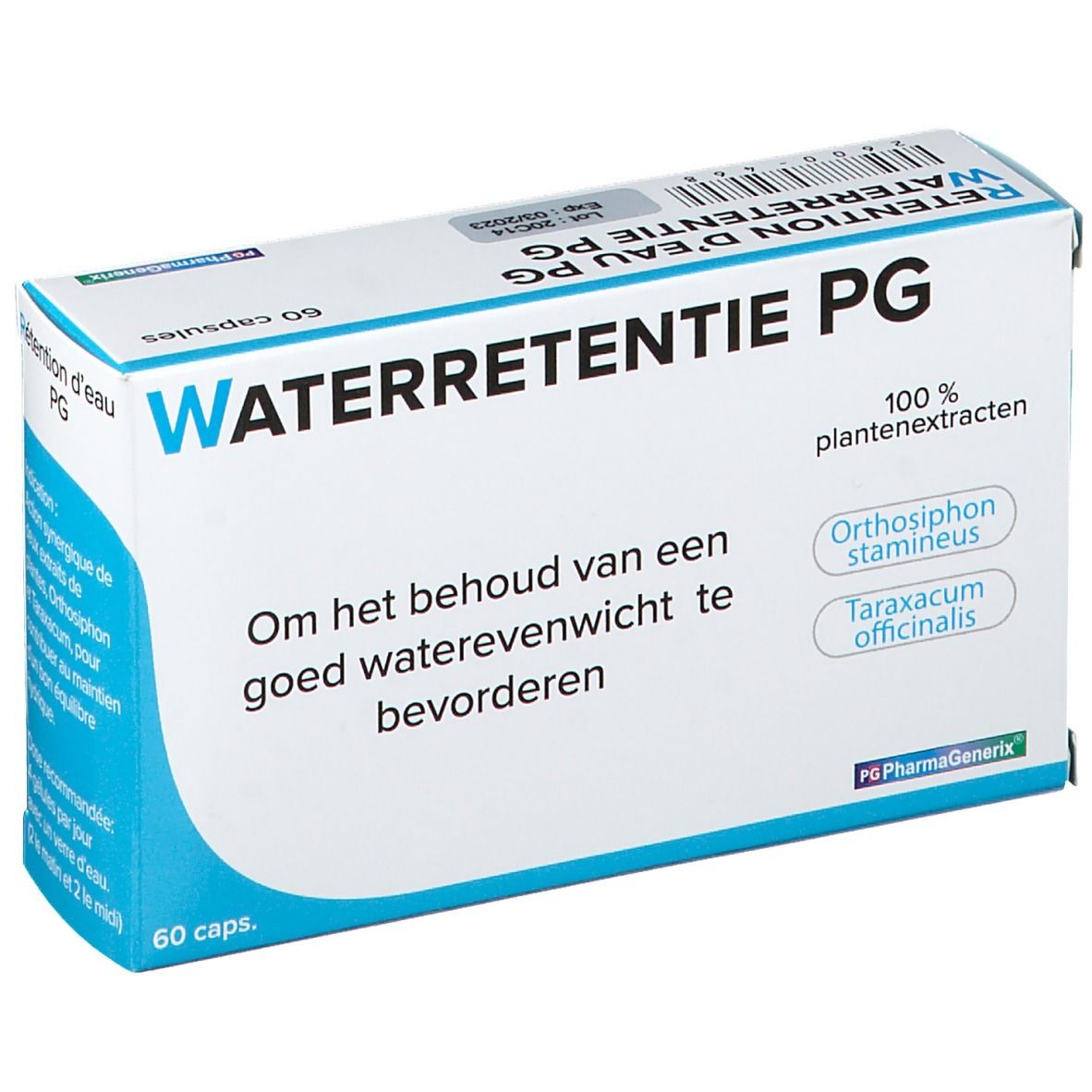 Doosje met capsules. Opschrift: Waterretentie PG, 60 capsules, 100% plantenextracten. Bevat Orthosiphon stamineus en Taraxacum officinale.