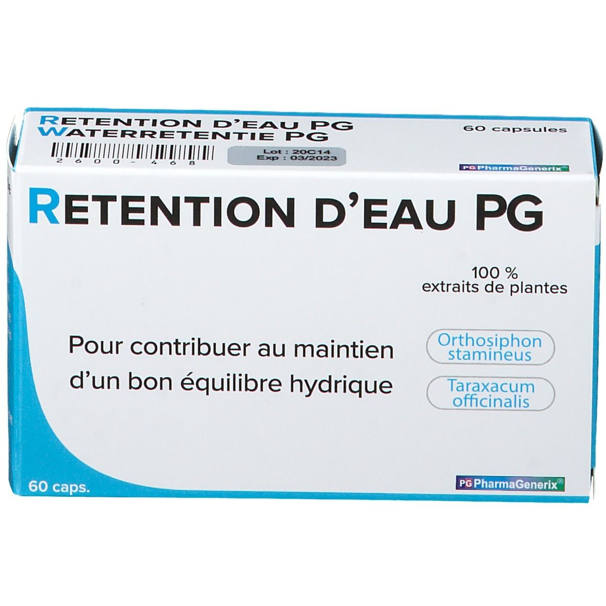 Doosje met capsules. Opschrift: Retention d'Eau PG, 60 capsules, 100% plantenextracten. Bevat Orthosiphon stamineus en Taraxacum officinale.