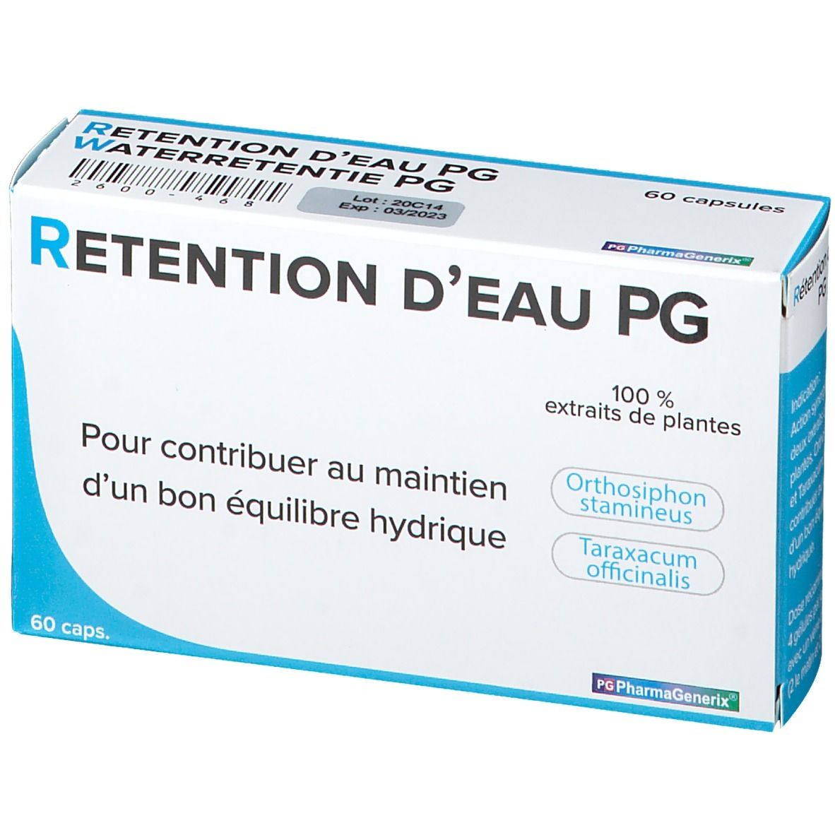 Doosje met capsules. Opschrift: Retention d'Eau PG, 60 capsules, 100% plantenextracten. Bevat Orthosiphon stamineus en Taraxacum officinale.