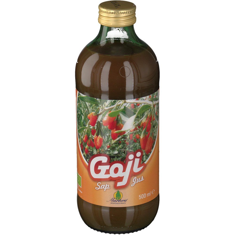 Bouteille en verre brun avec bouchon doré. Étiquette avec illustration de baies de goji et inscription "Goji Jus". Label bio.