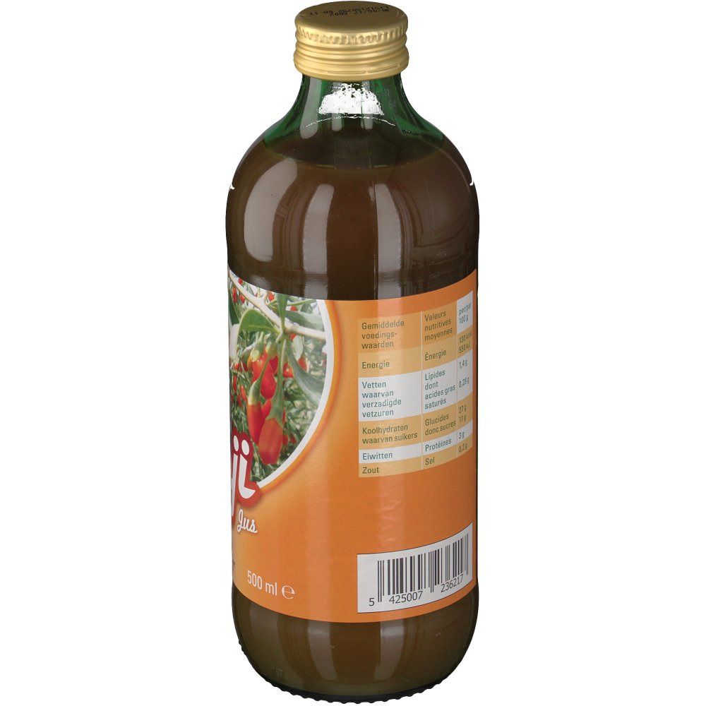 Bouteille en verre brun. Dos avec étiquette, informations nutritionnelles et code-barres. Inscription "Goji Jus".