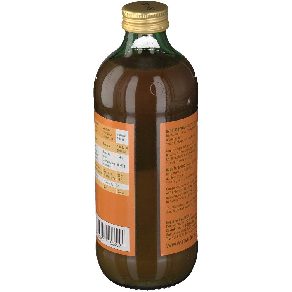 Bouteille en verre brun. Étiquette avec informations nutritionnelles et liste des ingrédients. Inscription "Goji Jus".