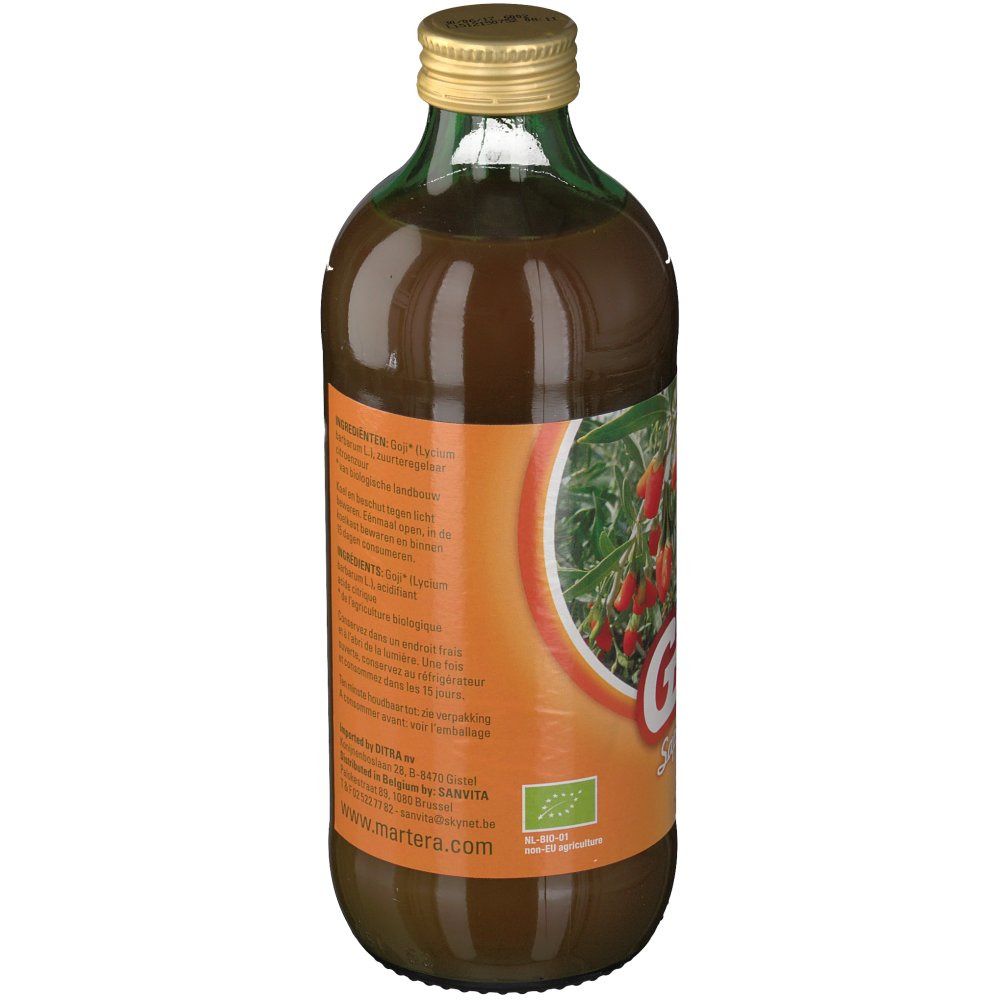 Bouteille en verre brun. Étiquette avec liste des ingrédients, label bio et adresse du site web. Inscription "Goji Jus".