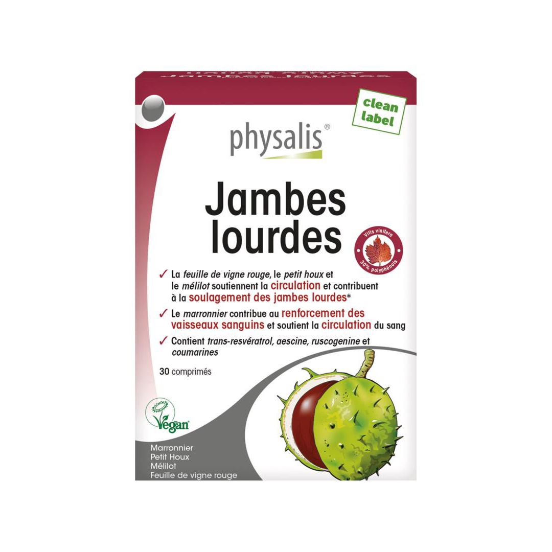 Boîte "physalis Jambes lourdes" avec 30 comprimés. Ingrédients et informations nutritionnelles. Label Vegan.