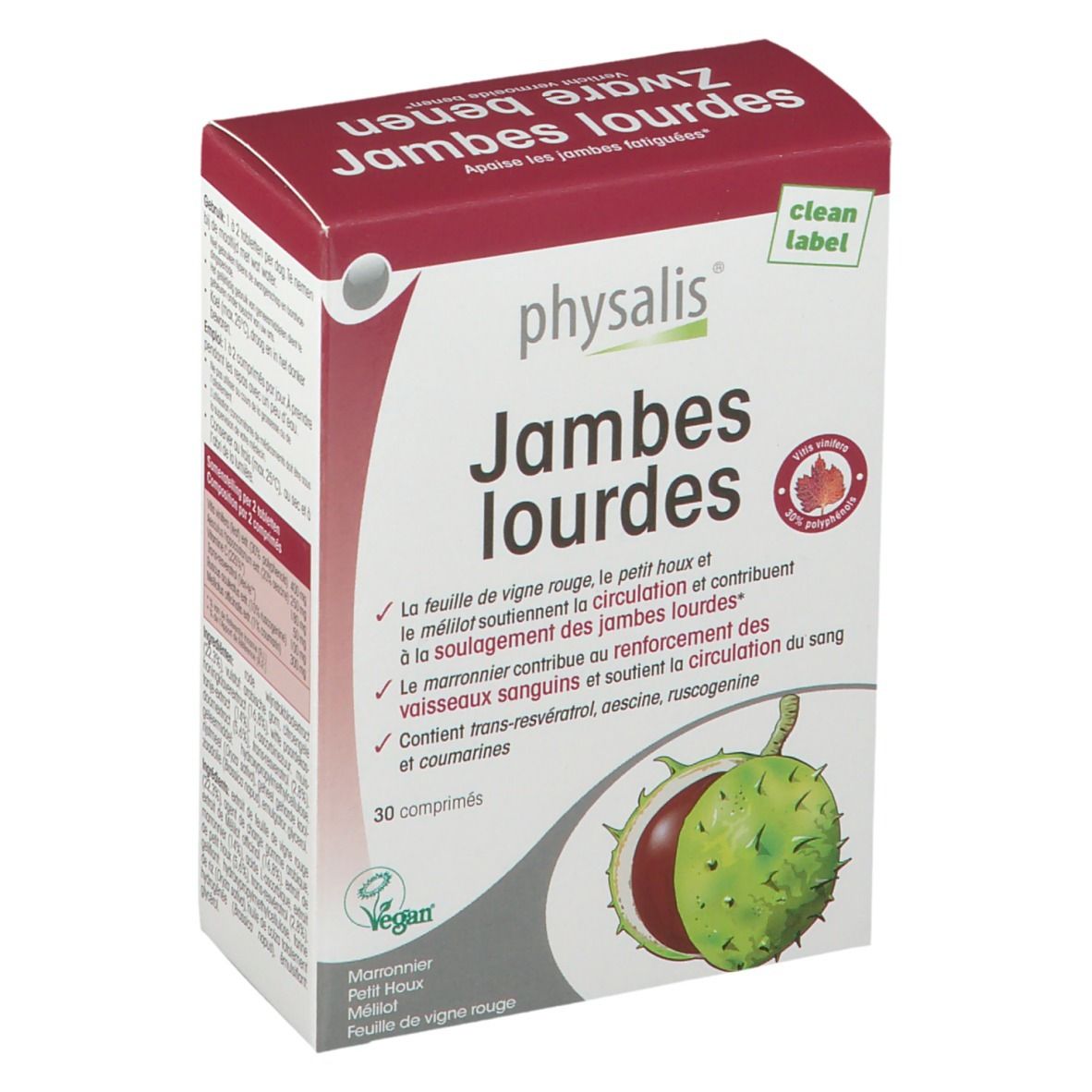 Boîte "physalis Jambes lourdes" avec 30 comprimés. Ingrédients et informations nutritionnelles. Label Vegan.