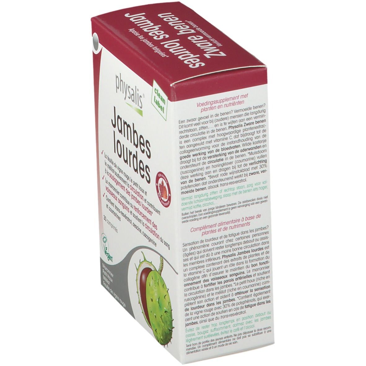 Boîte "physalis Jambes lourdes" avec 30 comprimés. Ingrédients et informations nutritionnelles. Label Vegan.