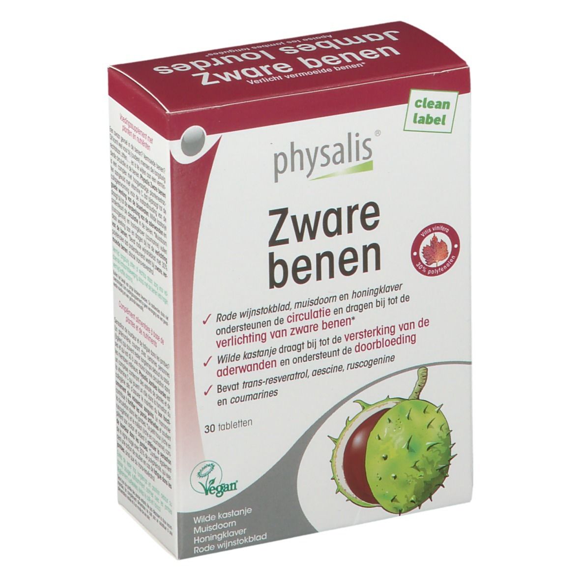 Boîte "physalis Zware benen" avec 30 comprimés. Ingrédients et informations nutritionnelles. Label Vegan.