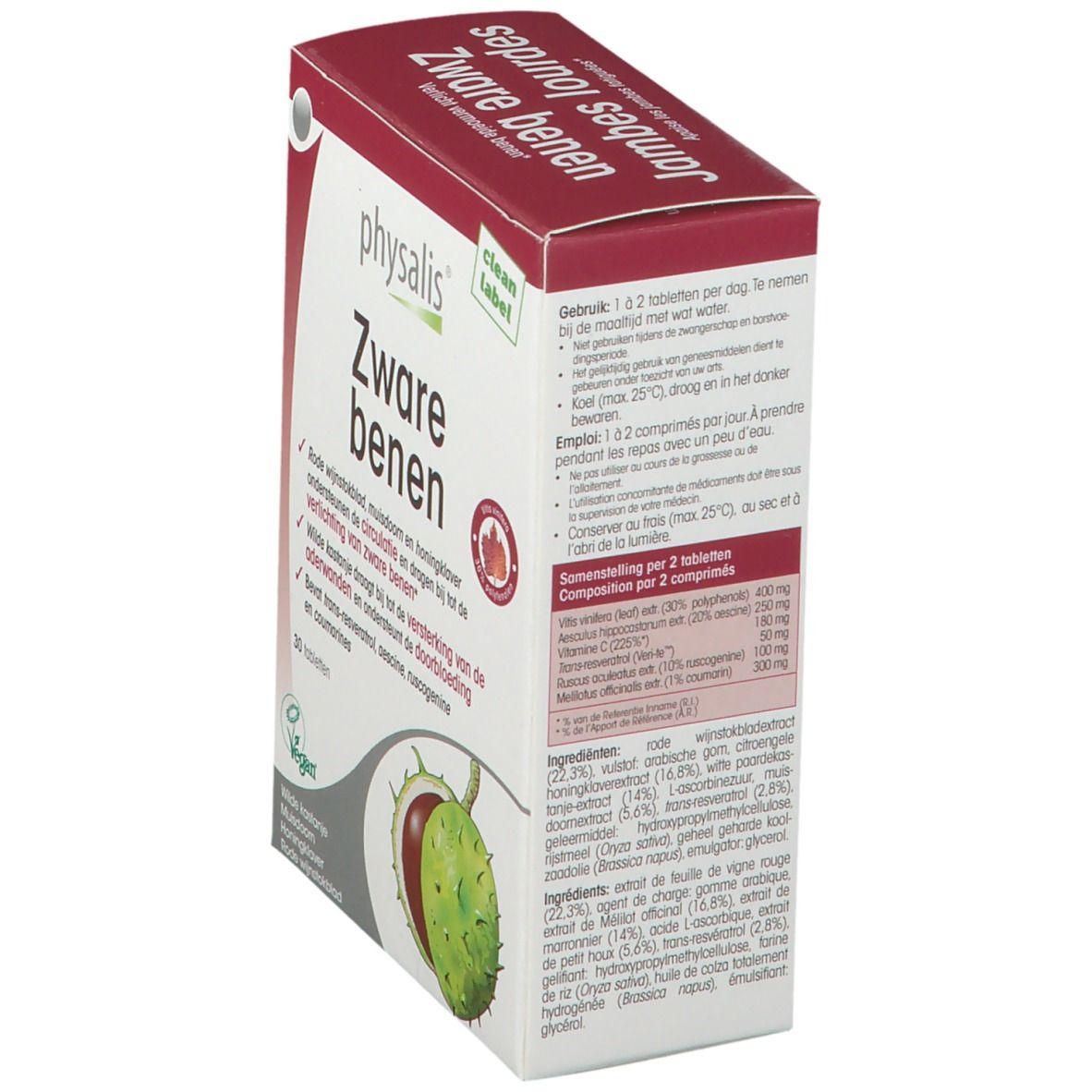 Boîte "physalis Zware benen" avec 30 comprimés. Ingrédients et informations nutritionnelles. Label Vegan.