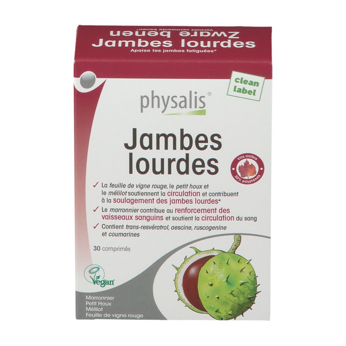 Boîte "physalis Jambes lourdes" avec 30 comprimés. Ingrédients et informations nutritionnelles. Label Vegan.