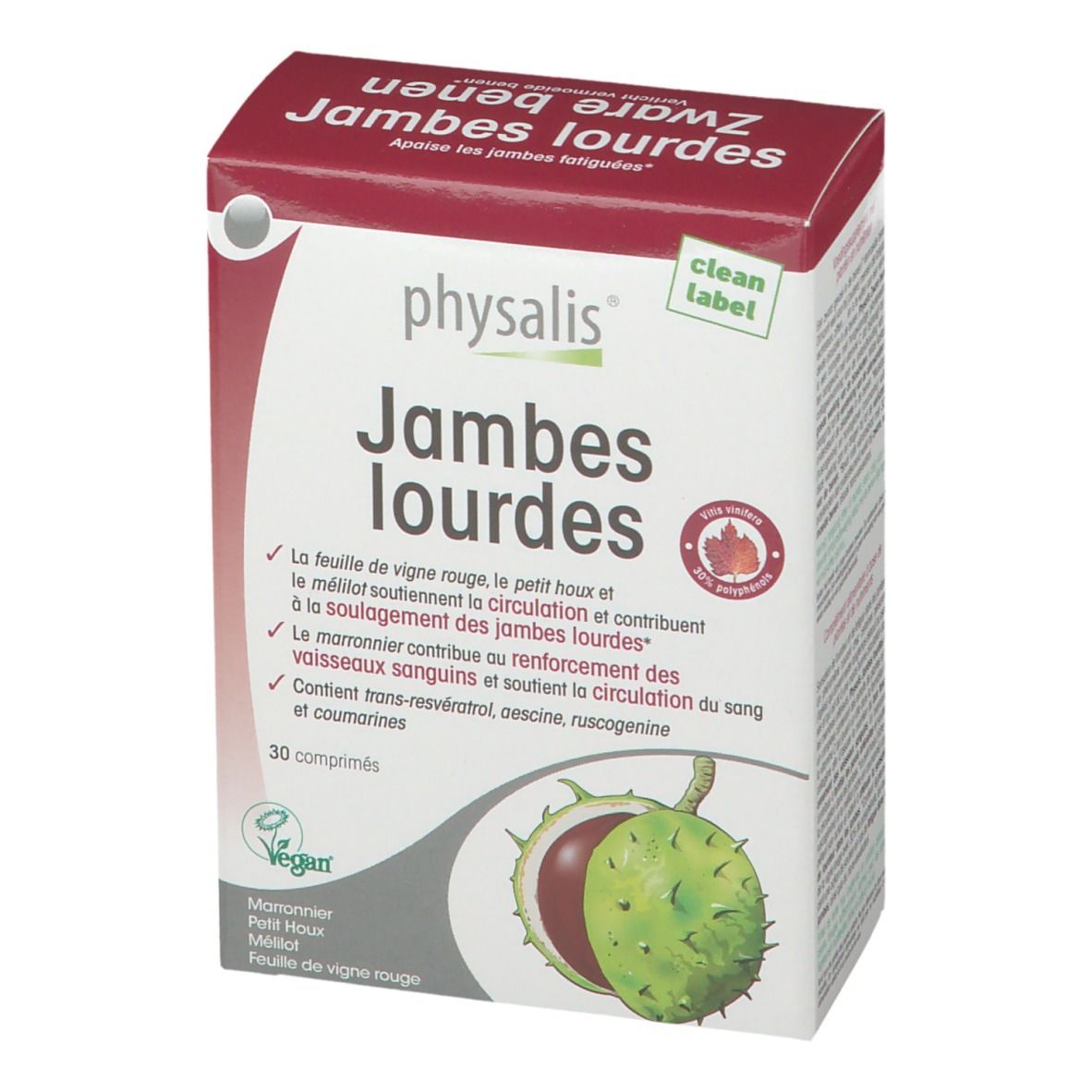 Boîte "physalis Jambes lourdes" avec 30 comprimés. Ingrédients et informations nutritionnelles. Label Vegan.