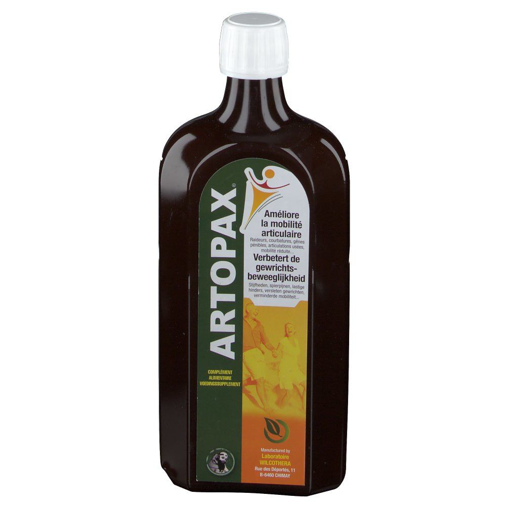 Bouteille marron avec bouchon blanc. Inscription ARTOPAX et texte sur la mobilité. Étiquette verte et orange.