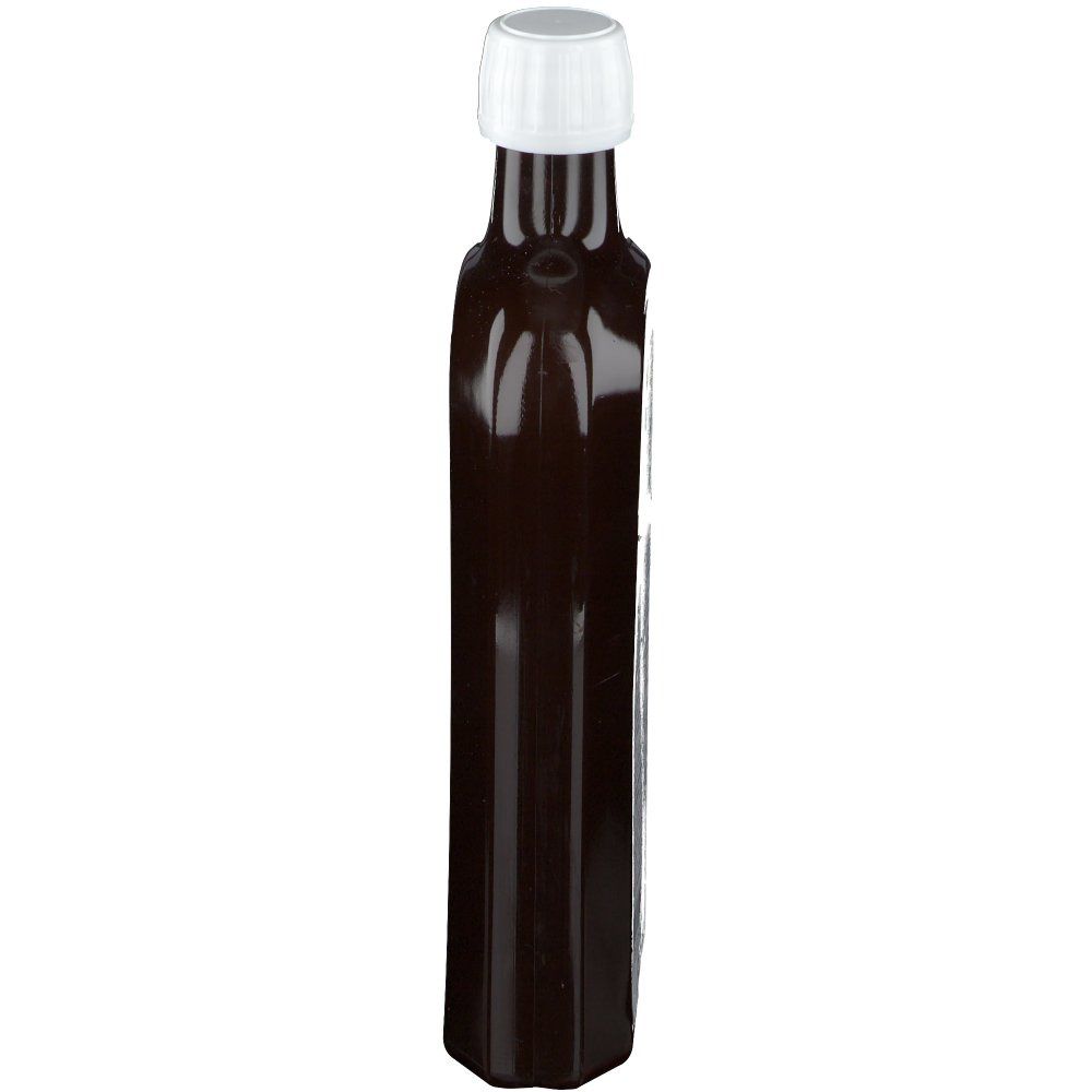 Bouteille étroite, marron avec bouchon blanc. Vue latérale, sans étiquette.