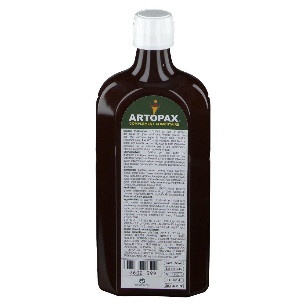 Dos de la bouteille marron. Étiquette avec texte, ingrédients et numéro de lot. Bouchon blanc.