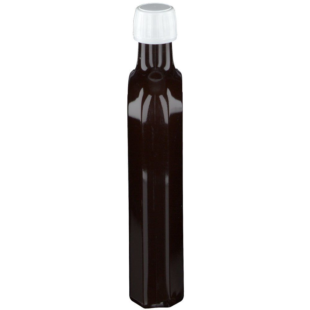 Bouteille étroite, marron avec bouchon blanc. Vue latérale, sans étiquette.
