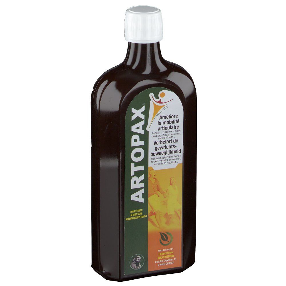 Bouteille marron avec bouchon blanc. Inscription ARTOPAX et texte sur la mobilité. Étiquette verte et orange.