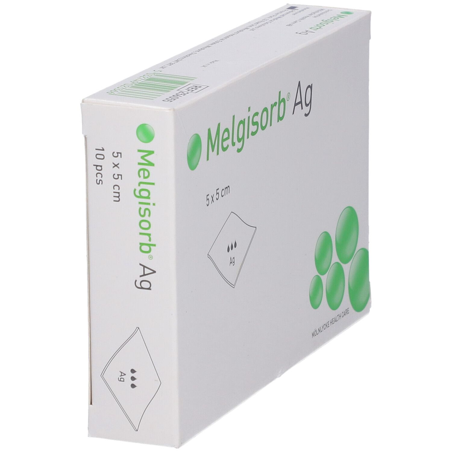 Verpackung Melgisorb® Ag, 5 x 5 cm, 10 Stück. Aufdruck: Produktabbildung, grüne Kreise, Logo. Hersteller: Mölnlycke Health Care.