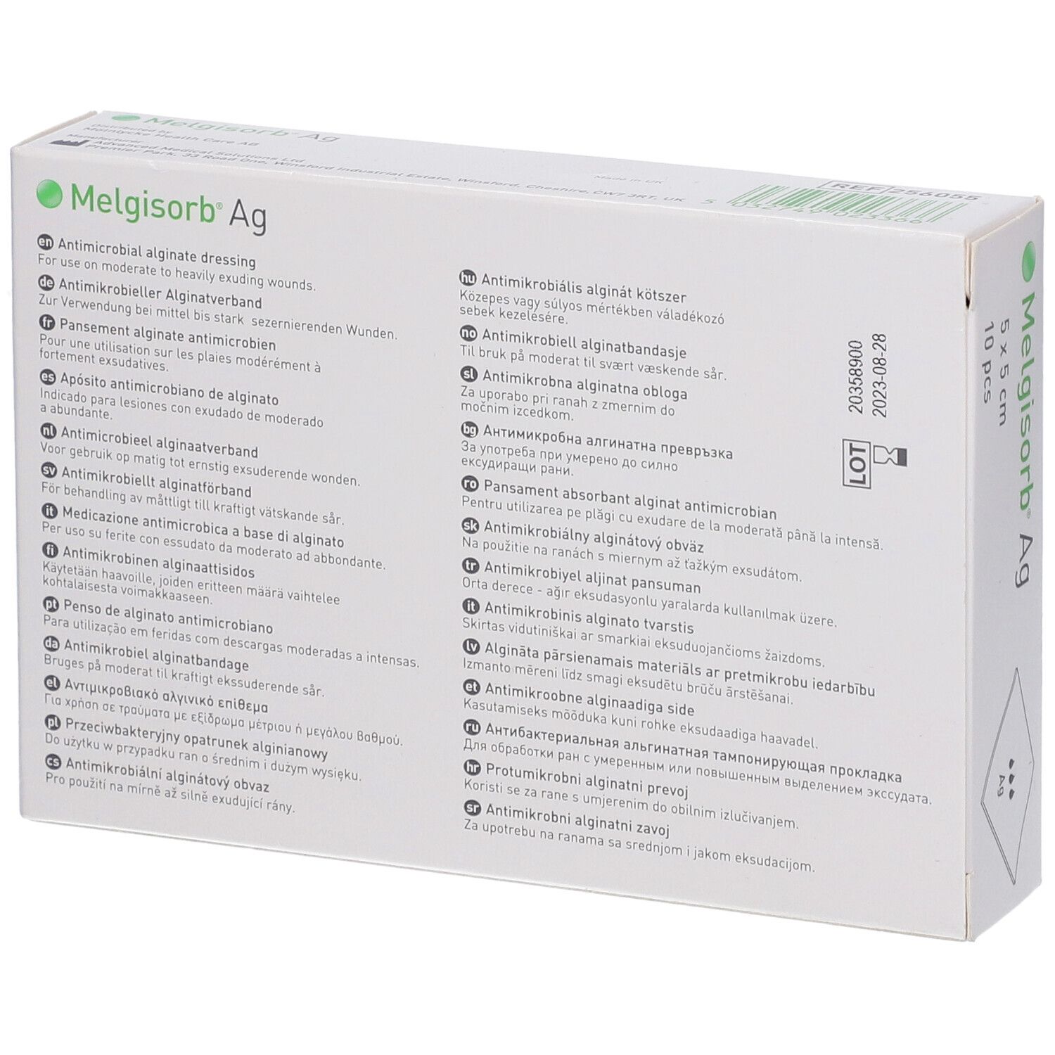 Rückseite der Verpackung Melgisorb® Ag. Mehrsprachige Produktinformationen. Hersteller: Mölnlycke Health Care. Chargennummer und Verfallsdatum.