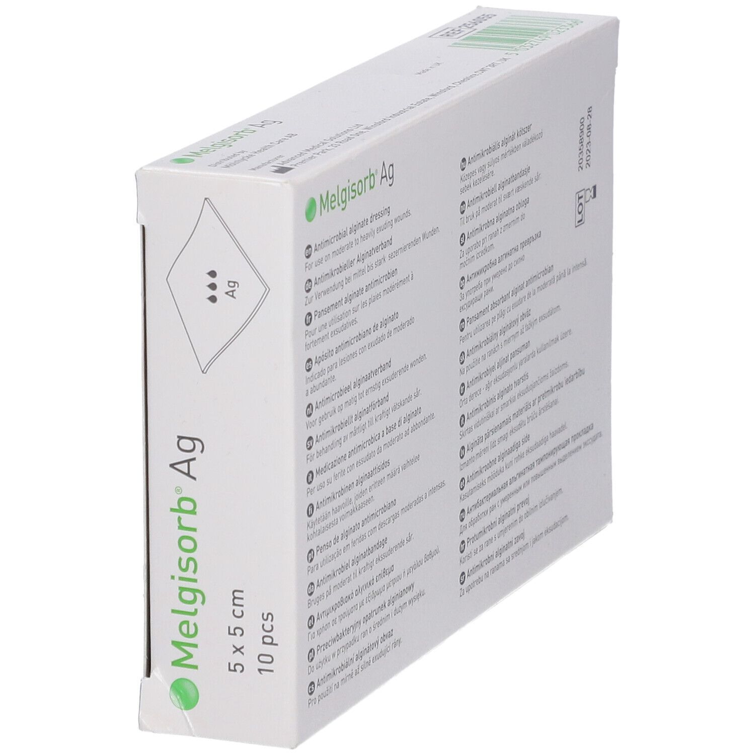 Verpackung Melgisorb® Ag, 5 x 5 cm, 10 Stück. Aufdruck: Produktabbildung, grüne Kreise, Logo. Hersteller: Mölnlycke Health Care.