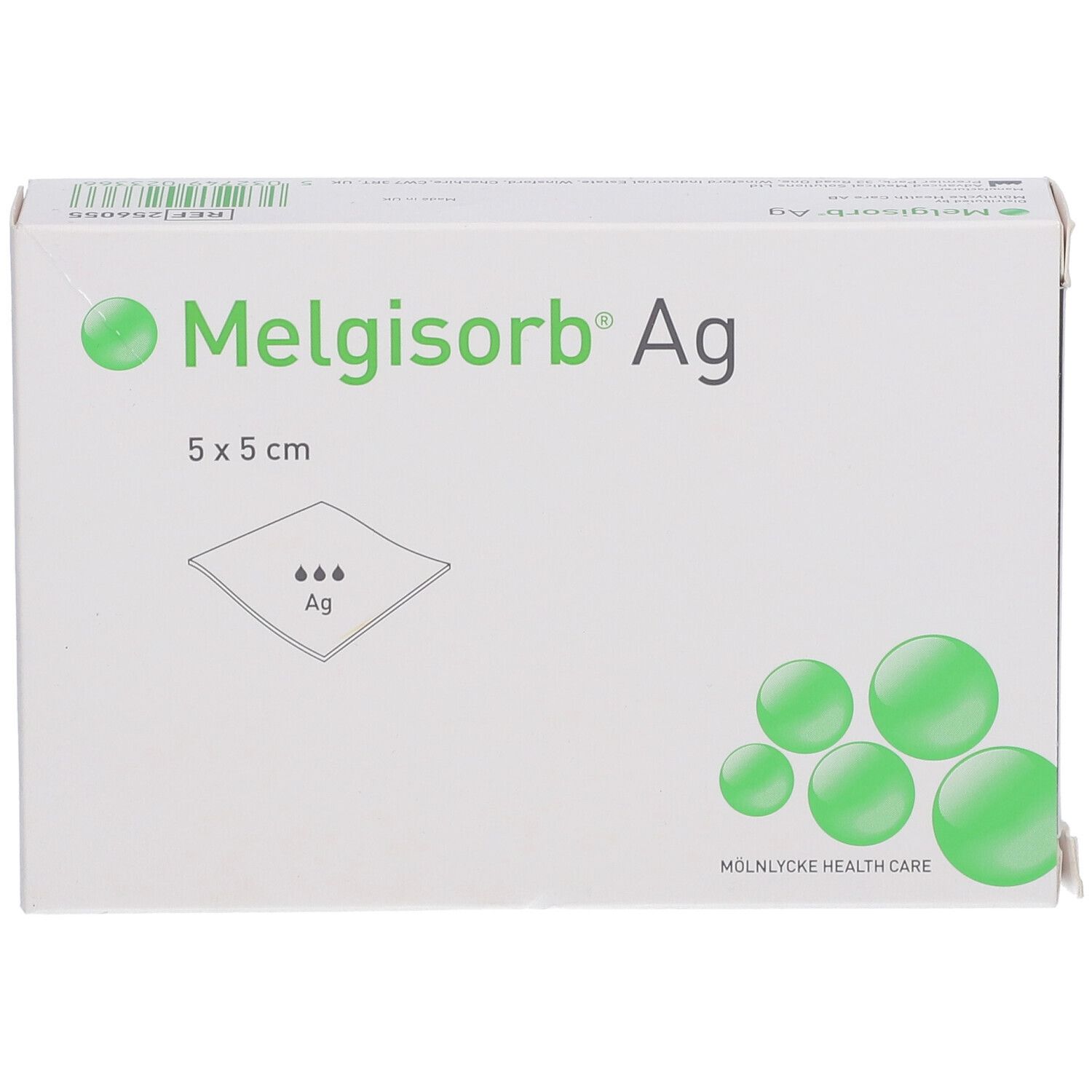 Verpackung Melgisorb® Ag, 5 x 5 cm. Aufdruck: Produktabbildung, grüne Kreise, Logo. Hersteller: Mölnlycke Health Care.