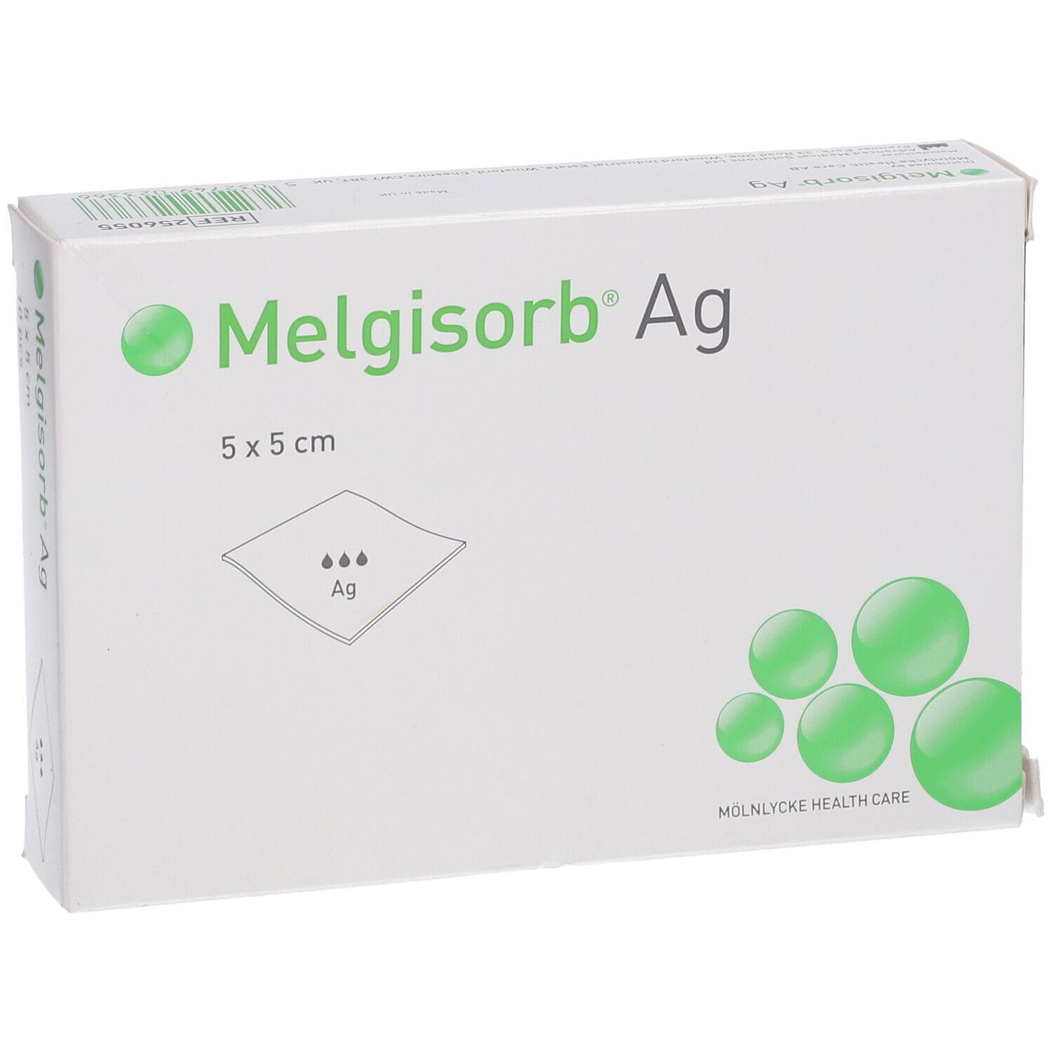 Verpackung Melgisorb® Ag, 5 x 5 cm. Aufdruck: Produktabbildung, grüne Kreise, Logo. Hersteller: Mölnlycke Health Care.
