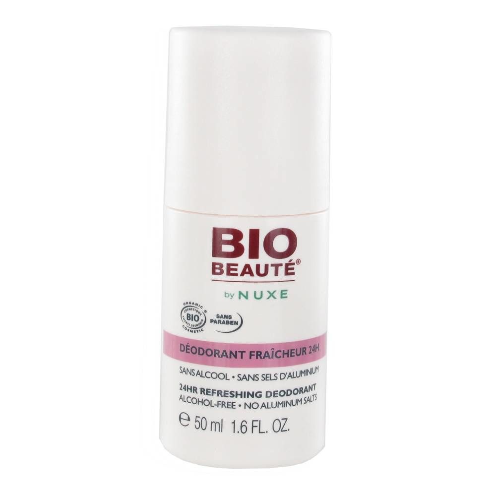 Déodorant roll-on blanc. Inscription: BIO BEAUTÉ by NUXE. 24HR Refreshing Deodorant. Sans alcool, sans sels d'aluminium. 50 ml.