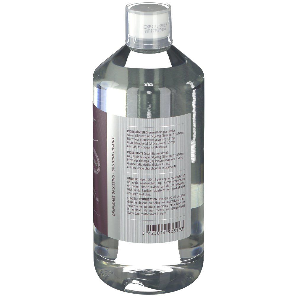 Vue arrière d'une bouteille transparente avec bouchon blanc. Étiquette avec ingrédients et informations.