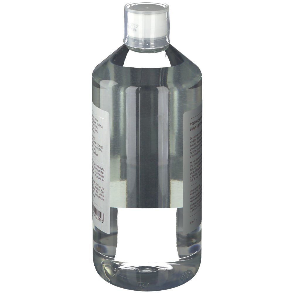 Vue arrière d'une bouteille transparente avec bouchon blanc. Étiquette avec texte et code-barres.