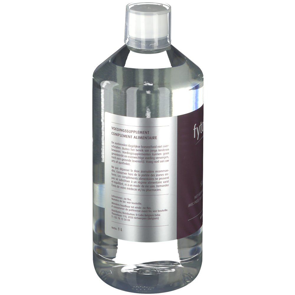 Bouteille transparente avec bouchon blanc. Étiquette avec informations sur le produit et texte.