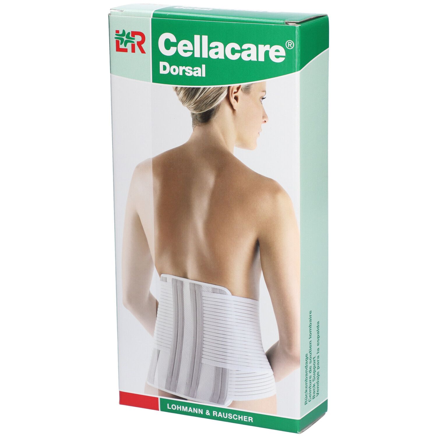 Verpackung Cellacare Dorsal. Grün-weiße Schachtel mit Abbildung einer Frau mit Rückenbandage. Logo L&R Cellacare.