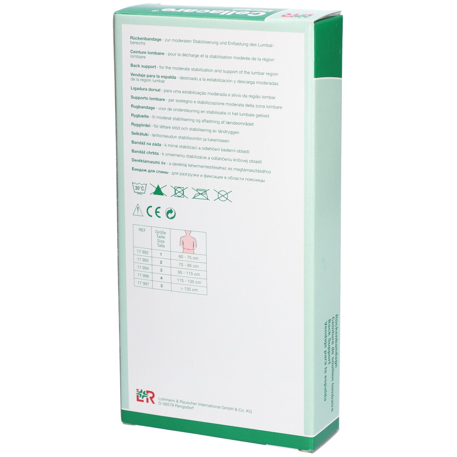 Rückseite der Cellacare Dorsal Verpackung. Text in mehreren Sprachen. Waschsymbole und CE-Kennzeichnung. Logo L&R Cellacare.